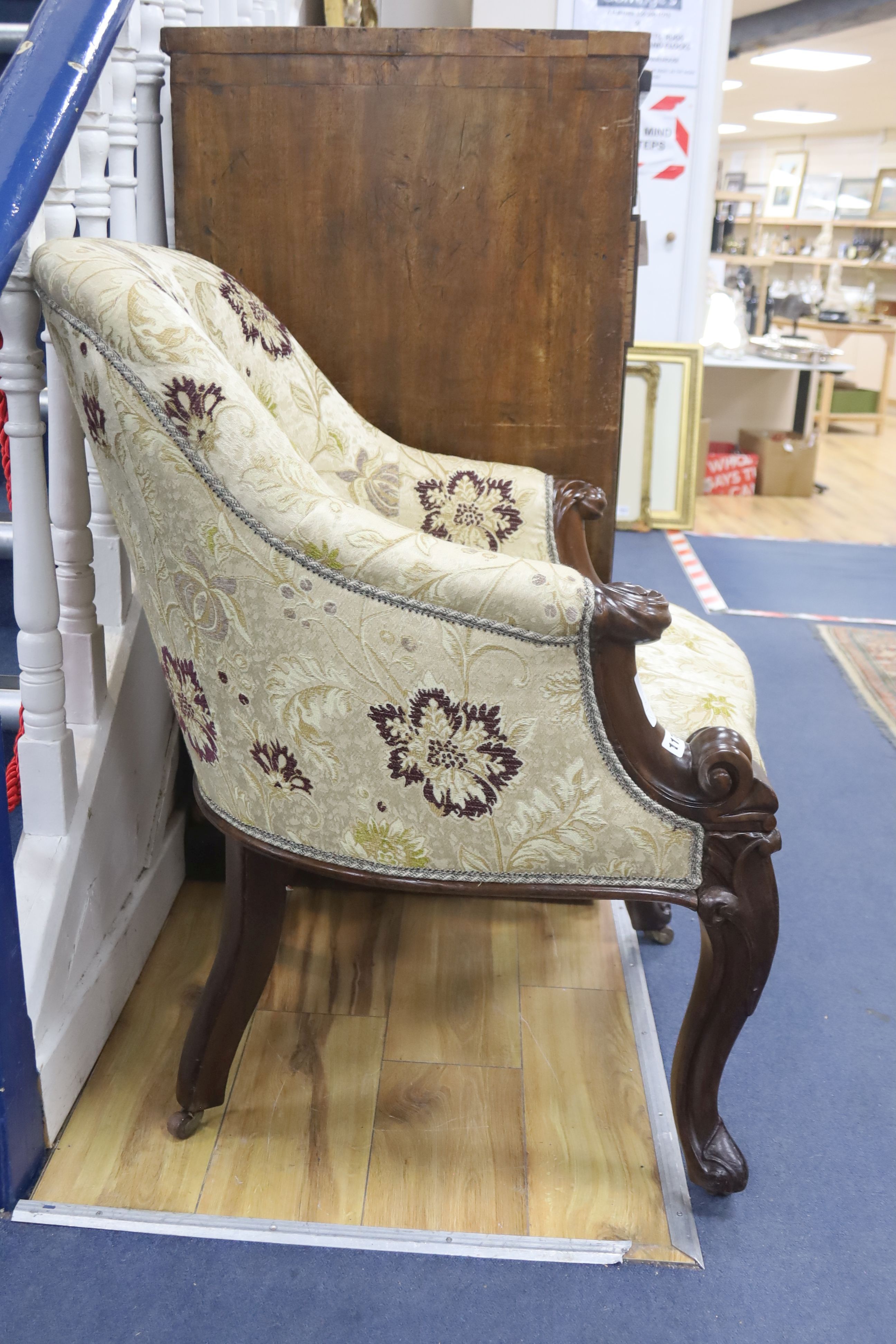 A Victorian carved mahogany armchair, width 64cm, depth 70cm, height 88cm
